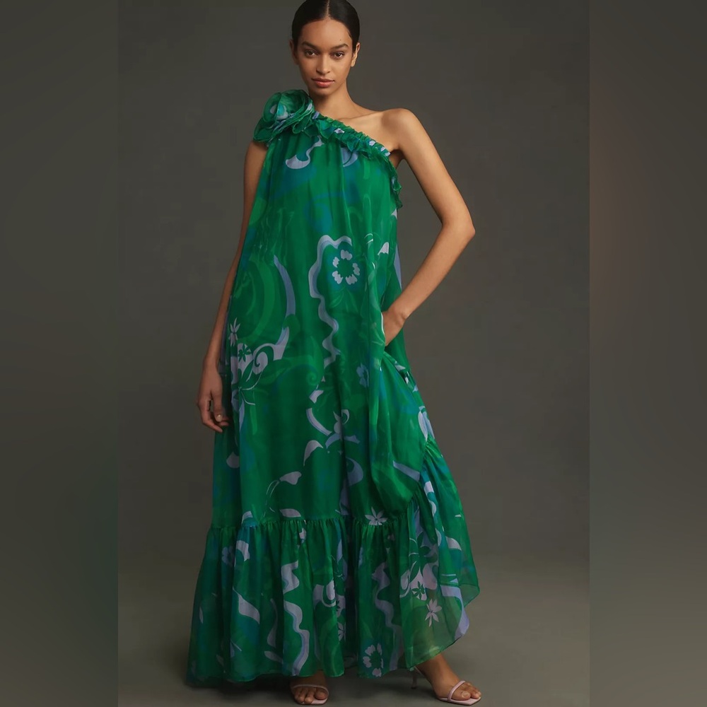 NWT Mac Duggal One-Shoulder Rose Ruffle Maxi Dress size 6